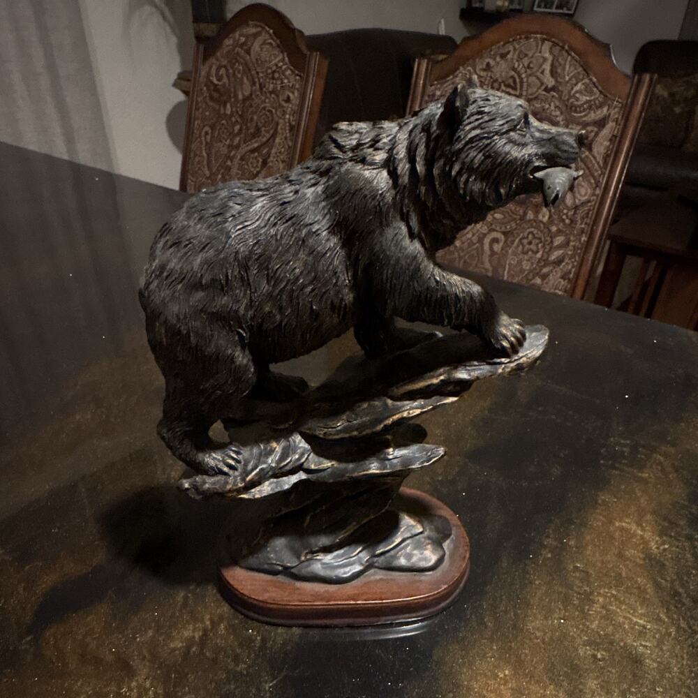 Rustic Grizzly Bear with Fish Statue Faux Bronze Figurine - Read Description